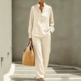 thumbnail image 1 of Stralyhd Womens 2 Piece Outfits Long Sleeve Stand Collar Button Down Shirt Wide Leg Pants Summer Casual Trendy Lounge Set Beige XXL, 1 of 6