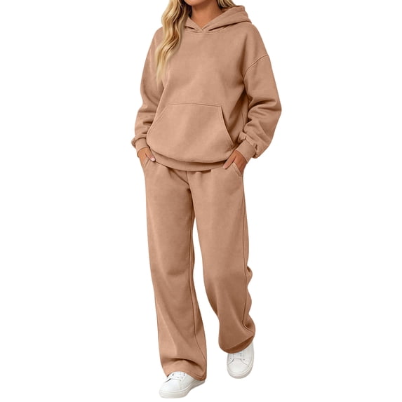 Stralyhd Womens 2 Piece Sweat Sets Fall Fashion Matching Sweatsuits Trendy Oversized Hoodies Casual Loose Fit Wide Leg Sweatpant for Daily Wear Camel XXL
