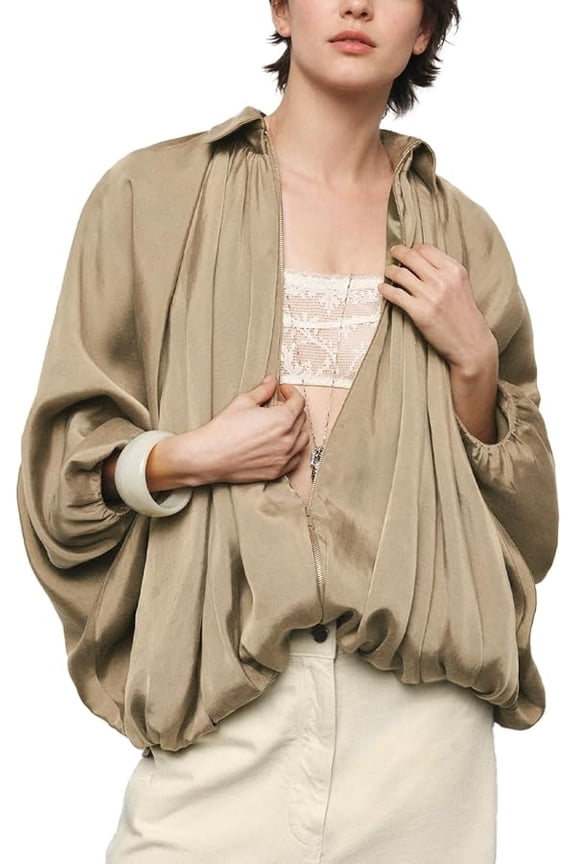 Womens Bomber Jacket Lapel Collar Batwing Sleeve Casual Jackets Trendy Zip Shirts Lightweight Pleats Bubble Hem Streetwear Jackets Khaki M