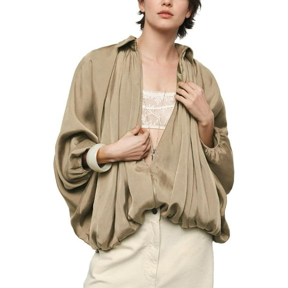 Stralyhd Womens Bomber Jacket Lapel Collar Batwing Sleeve Oversized Jacket Trendy Zip Shirts Pleated Bubble Streetwear Coats Khaki L