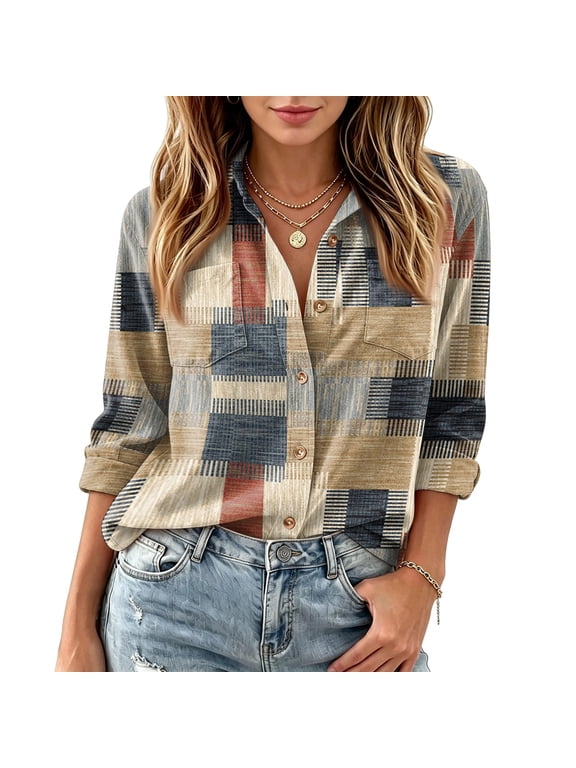 Womens Button Down Shirts Casual Lapel Long Sleeve Fall Collared Blouses Patchwork Print Lightweight Work Tops with Pockets Camel XXL