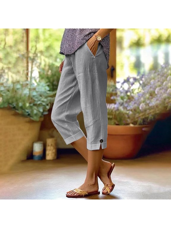 Womens Capris Linen Pant 2026 Summer Casual Capri Straight Leg Elastic Drawstring Palazzo with Pockets Light Gray L