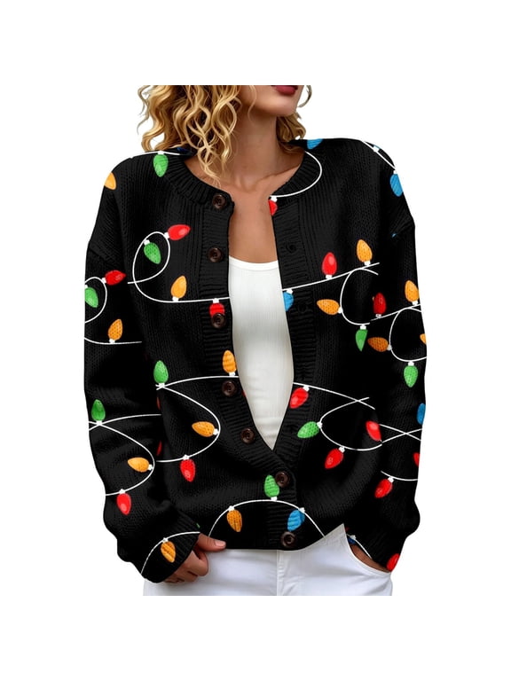 Womens Cardigan Christmas Plus Size Button Down Long Sleeve Knit Cardigans Cute Xmas Lights Soft Casual Fall Trendy Outerwear Tops Black 4XL