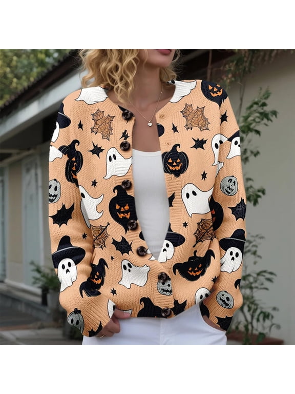 Womens Cardigan Halloween Plus Size Funny Pumpkin Ghost Knit Cardigans Button Down Long Sleeve Soft Casual Fall Trendy Outerwear Tops Complexion XL