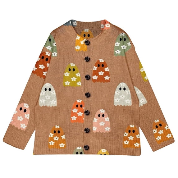 Stralyhd Womens Cardigan Halloween Plus Size Novelty Cartoon Ghost Knitted Sweater Long Sleeve Button Up Loose Casual Fall Trendy Outerwear Tops Brown L