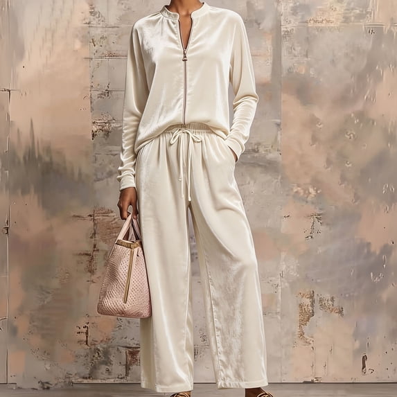 Stralyhd Womens Casual Set 2 Piece Long Sleeve Front Sweatshirt Drawstring Sweatpants Loose Sweatsuits Outfit Breathable Outdoor Activities Beige XL