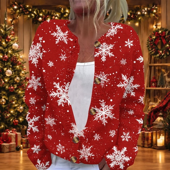 Stralyhd Womens Christmas Cardigan Plus Size Shiny Snowflake Print Button Down Cardigan Sweaters Fall Fashion Warm Cozy Long Sleeve Open Front Knitted Womens Sweaters Wine XL