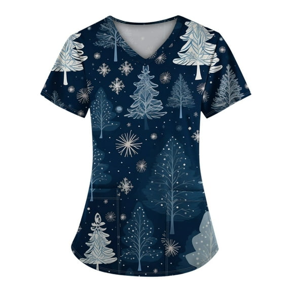 Stralyhd Womens Christmas Scrub Tops Christmas Tree Print Medical Nursing Uniform Shirts V Neck Short Sleeve Funny Print Soft Nurse Shirt with Pockets Royal Blue XL