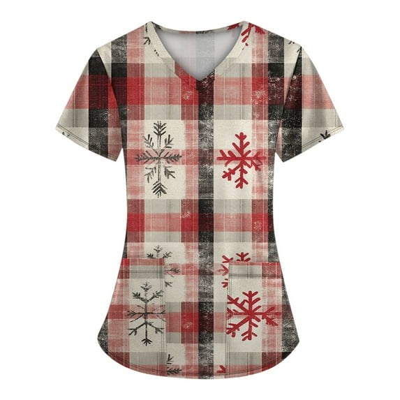 Stralyhd Womens Christmas Scrub Tops Christmas Tree Print Medical Nursing Uniform Shirts V Neck Short Sleeve Funny Print Soft Xmas Shirt with Pockets Gray 2XL