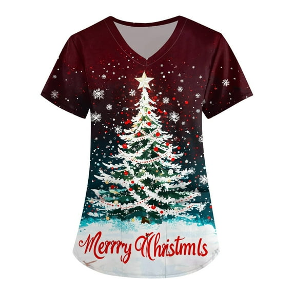 Stralyhd Womens Christmas Scrub Tops Christmas Tree Print Medical Nursing Uniform Shirts V Neck Short Sleeve Holiday Prints Stretch Xmas Shirt with Pockets Deep Red S