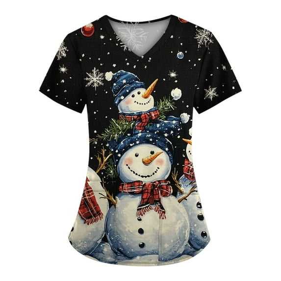 Stralyhd Womens Christmas Scrub Tops Christmas Tree Print Nursing Uniform V Neck Short Sleeve Holiday Prints Stretch Xmas Shirt with Pockets Multicolor XL