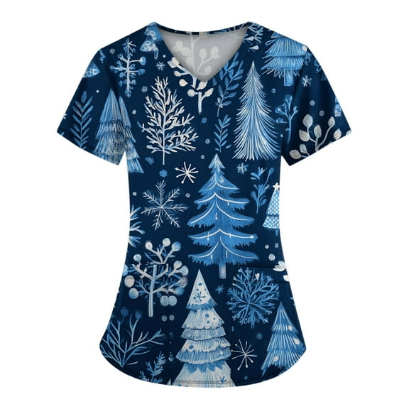Stralyhd Womens Christmas Scrub Tops Christmas Tree Print Nursing Uniform V Neck Short Sleeve Plus Size Soft Xmas Shirt with Pockets Navy XL