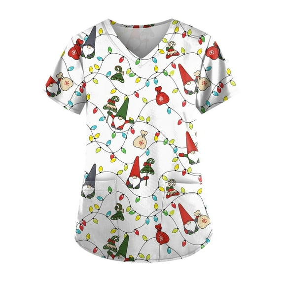 Stralyhd Womens Christmas Scrub Tops Plus Size Nursing Uniform Soft Christmas Tree Print Medical Nursing Uniform Shirts V Neck Short Sleeve Nurse Shirt with Pockets White L