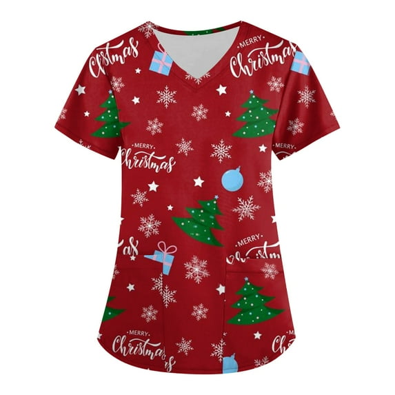 Stralyhd Womens Christmas Scrub Tops Plus Size Nursing Uniform Stretch Christmas Tree Print Medical Nursing Uniform Shirts V Neck Short Sleeve Nurse Shirt with Pockets Wine L