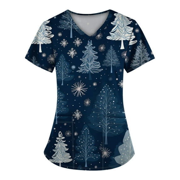 Stralyhd Womens Christmas Scrub Tops Plus Size Nursing Uniform Stretch Christmas Tree Print Medical Nursing Uniform Shirts V Neck Short Sleeve Xmas Shirt with Pockets Royal Blue L