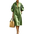 thumbnail image 1 of Stralyhd Womens Dresses Stand Collar Half Front Zipper Balloon Sleeve Midi Dresses 2026 Summer Linen Beach Loose Midi Dress Army Green S, 1 of 4
