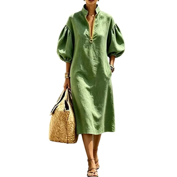 Stralyhd Womens Dresses Stand Collar Half Front Zipper Balloon Sleeve Midi Dresses 2026 Summer Linen Beach Loose Midi Dress Army Green S