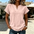 thumbnail image 1 of Stralyhd Womens Fringe Trim V Neck Blouses Cotton Linen Short Sleeve Loose Tunic Summer Vacation Daily Tops Pink M, 1 of 4