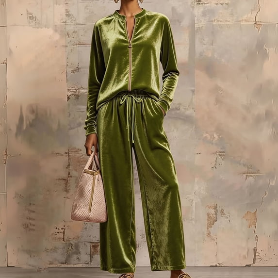 Stralyhd Womens Front Long Sleeve Velvet Tops and Wide Leg Sweatpants 2 Piece Velour Tracksuit Set Casual Loose Sports Outfit Wrinkle‑Resistant Fabric for Travelling and Daily Wearing Green XL
