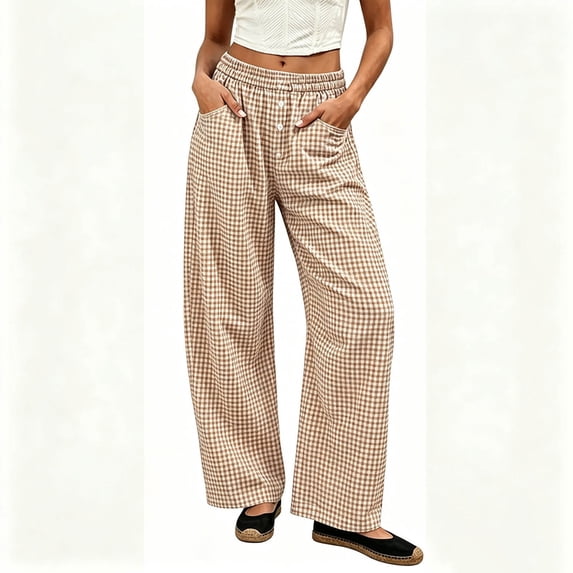 Stralyhd Womens Gingham Striped Pants Wide Leg Elastic Waist with Pockets Lounge Pajama Home Daily Wear Casual Summer Fall Khaki XL