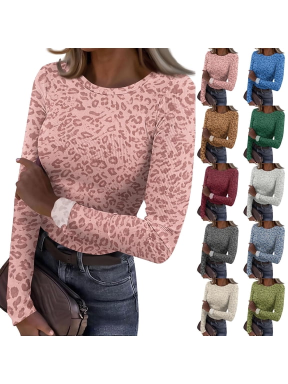Womens Long Sleeve Shirts Slim Fit Ribbed Leopard Print Basic Tee Shirt Casual Cheetah Crewneck Going Out Tops Pink XL