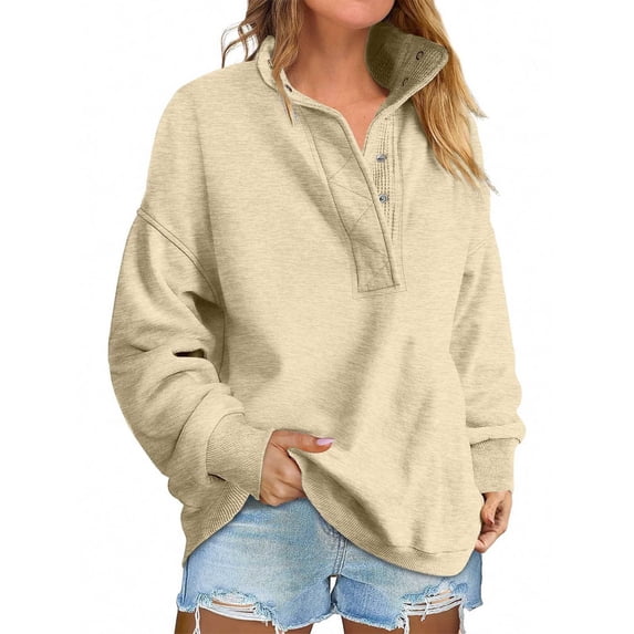 Stralyhd Womens Oversized Sweatshirt Stand Henley Collar Long Sleeve Soft Comfort Pullover Tops Fall Fashion Outfits Beige L