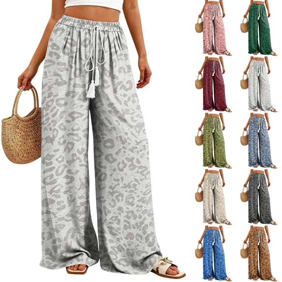 Stralyhd Womens Pants Leopard Print Wide Leg Drawstring Elastic Waist Flowy Palazzo Pants Lightweight Loose Summer Vacation Travel Outfits Gray L