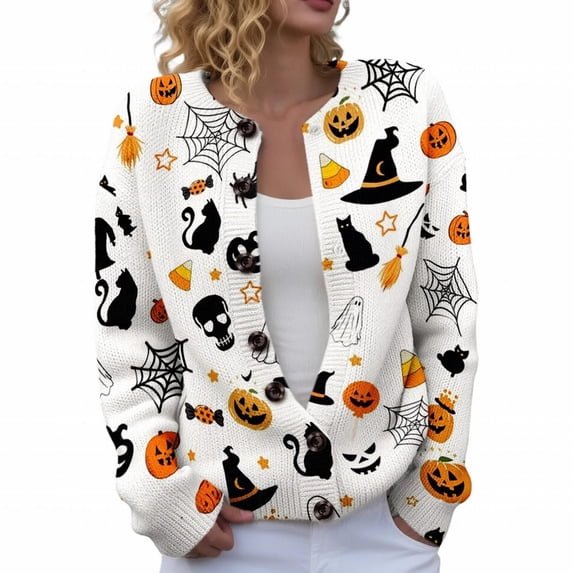 Stralyhd Womens Plus Size Cardigans Sweaters Funny Halloween Party Graphic Knit Cardigans Button Front Long Sleeve Soft Casual Fall Winter Warm Sweater White XL