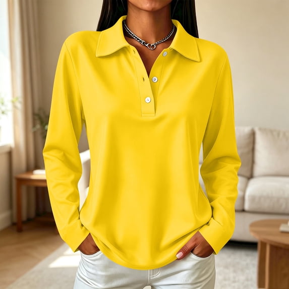 Stralyhd Womens Polo Shirts Long Sleeve Button Collared Top Chic Relaxed Fall Office Casual Solid Color Tunic Blouses Yellow M