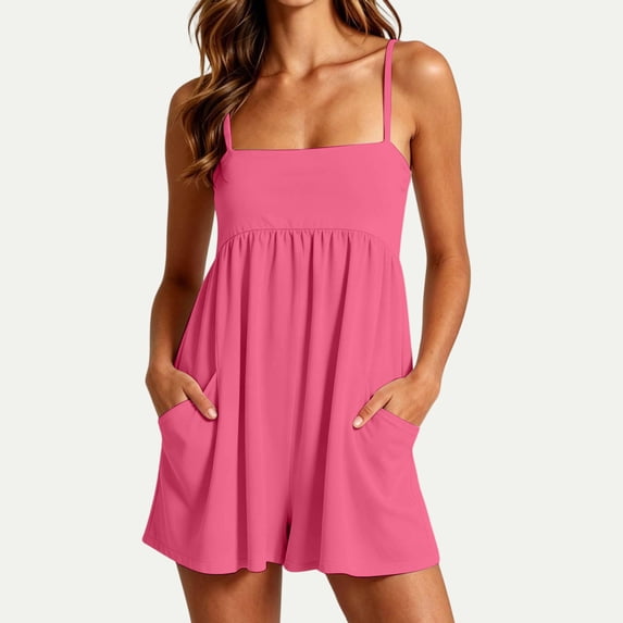 Stralyhd Womens Romper Athletic Summer Adjustable Strap Short Jumpsuits Hot Workout Square Neck Rompers One Piece Outfits with Pockets Hot Pink L
