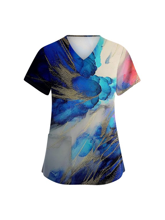 Womens Scrubs Short Sleeve V Neck Abstract Art Print Multi Side Pockets Casual Nurse Work Scrub Top Blue XL