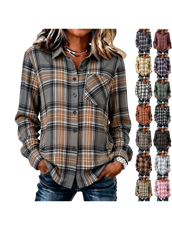 Womens Shirts Long Sleeve Button Down Classic Plaid Tops Lightweight Loose Fit Blouse Business Casual Fashion Fall Shirt Jacket Light Gray L