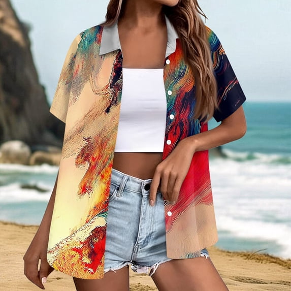 Stralyhd Womens Shirts Summer Short Sleeve Button Up Colorful Brushstroke Print Top Beach Vacation Trendy Shirt Loose Comfy Y2k Blouse Orange L