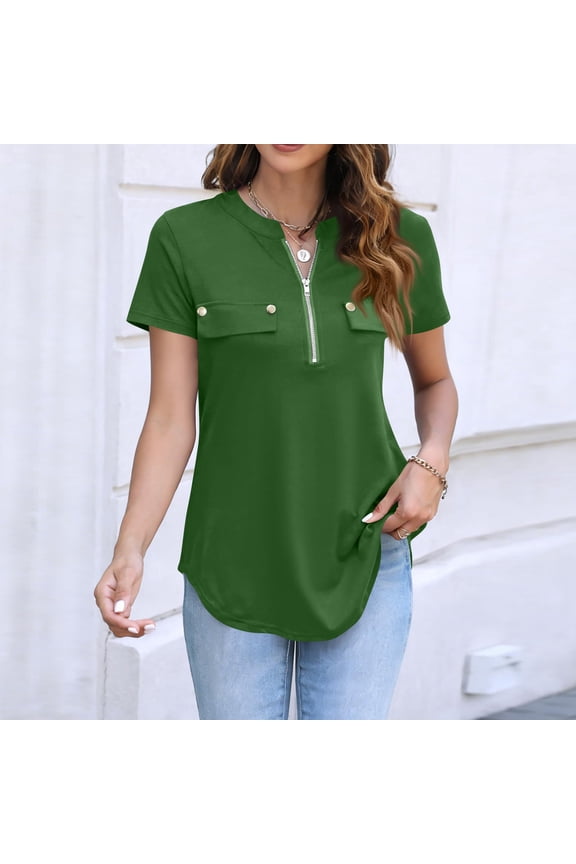 Womens Shirts Summer Short Sleeve Zipper Graffiti Tops Beach Vacation Basic Shirt Loose Lightweight Soft Blouses Dark Green XXL