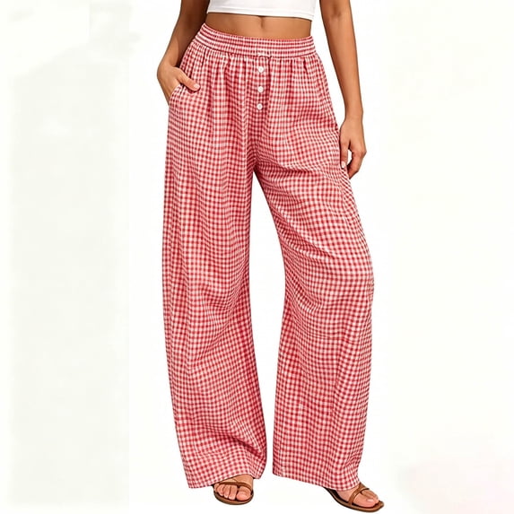 Stralyhd Womens Striped Gingham Palazzo Pants Wide Leg High Waisted Pajama Trouser Lounge Casual Summer Fall Pants with Pockets Red L