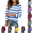 thumbnail image 1 of Stralyhd Womens Striped Long Sleeve Shirts Fall Outfits Trendy Crewneck Button Cuffs Tops Puff Sleeve Fashion Clothing White M, 1 of 6