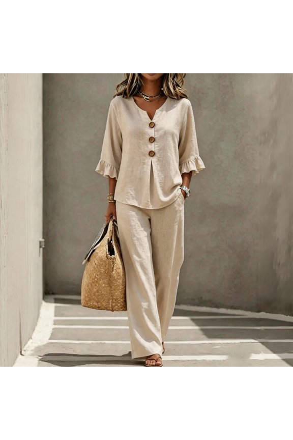Womens Summer 2 Piece Lounge Sets Spring Fall Transition Outfits Ruffle 3/4 Sleeve Top High Rise Wide Leg Trousers Set Khaki M