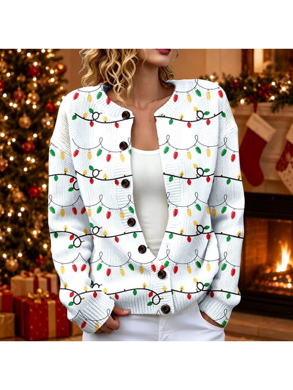 Womens Sweaters Christmas Oversized Button Down Long Sleeve Knit Cardigans Cute Xmas Lights Soft Casual Fall Winter Warm Sweater Light Green 3XL