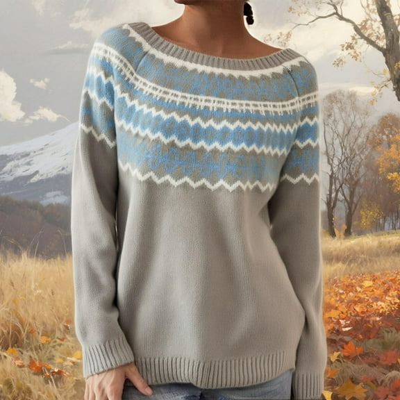 Stralyhd Womens Sweaters Retro Fair Isle Sweater Embroidered Boho Long Sleeve Pullover Knitwear Casual Crewneck Fall Clothing 2025 Light Blue XL