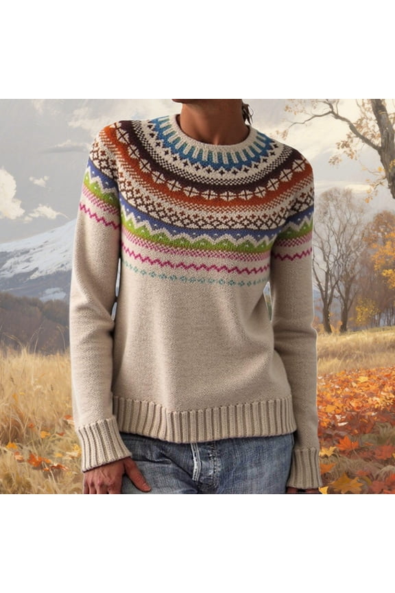 Womens Sweaters Retro Fair Isle Sweater Knit Boho Long Sleeve Pullover Knitwear Stripes Crewneck Fall Clothing 2025 Khaki XXL
