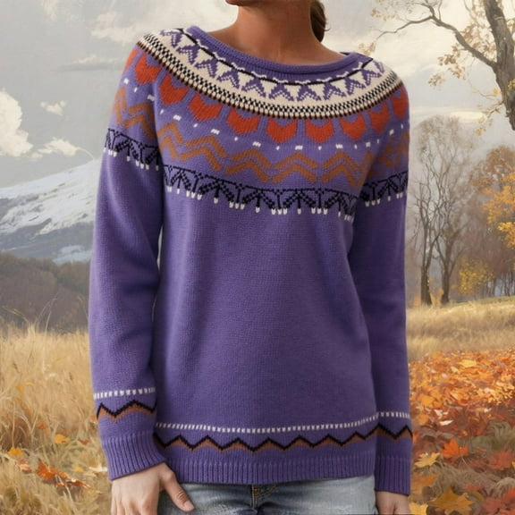Stralyhd Womens Sweaters Retro Fair Isle Sweater Knit Lightweight Boho Long Sleeve Pullover Tops Plus Size Round Neck Cropped Pullover Tops Purple M