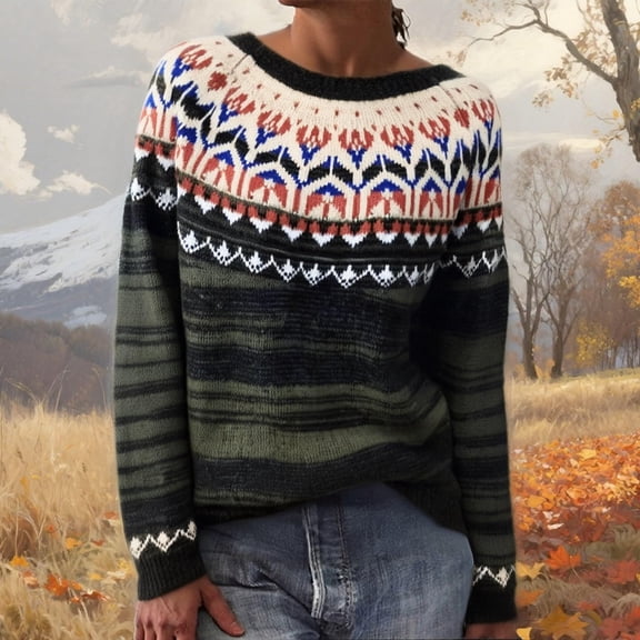 Stralyhd Womens Sweaters Retro Fair Isle Sweater Knitted Lightweight Boho Long Sleeve Pullover Knitwear Casual Crewneck Cropped Pullover Tops Army Green L