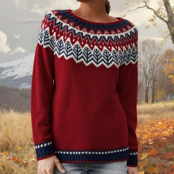 Stralyhd Womens Sweaters Retro Fair Isle Sweater Knitted Lightweight Boho Long Sleeve Pullover Knitwear Plus Size Round Neck Cropped Pullover Tops Wine M