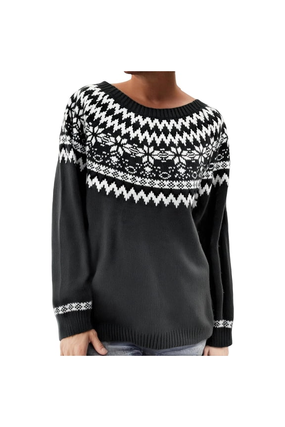 Womens Sweaters Retro Knitted Fair Isle Sweater Round Neck Casual Pullover Tops Long Sleeve Boho Brown Sweater Woman Black L