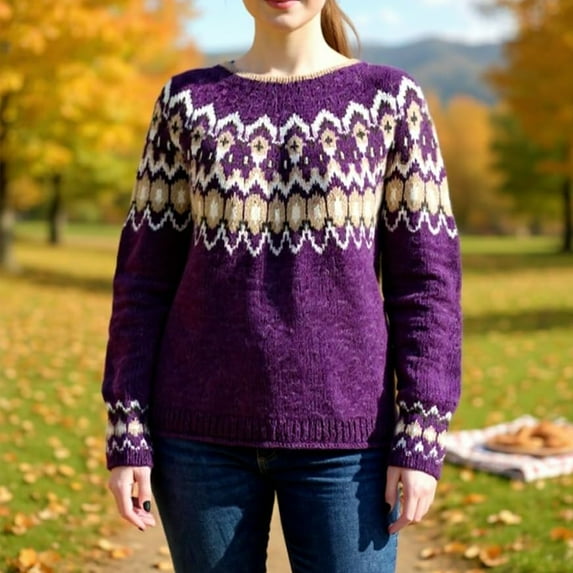 Stralyhd Womens Sweaters Vintage Fair Isle Sweater Knit Lightweight Boho Long Sleeve Pullover Knitwear Stripes Round Neck Cropped Pullover Tops Dark Purple XL