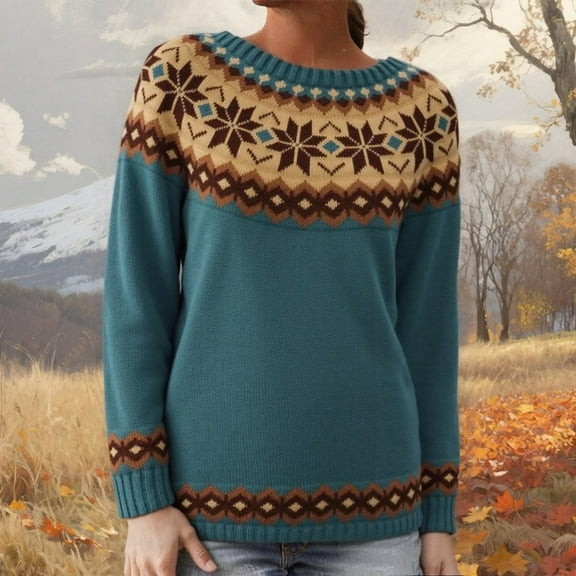 Stralyhd Womens Sweaters Vintage Knit Fair Isle Sweater Round Neck Plus Size Fall Clothing 2025 Long Sleeve Boho Black Sweaters for Women Turquoise M