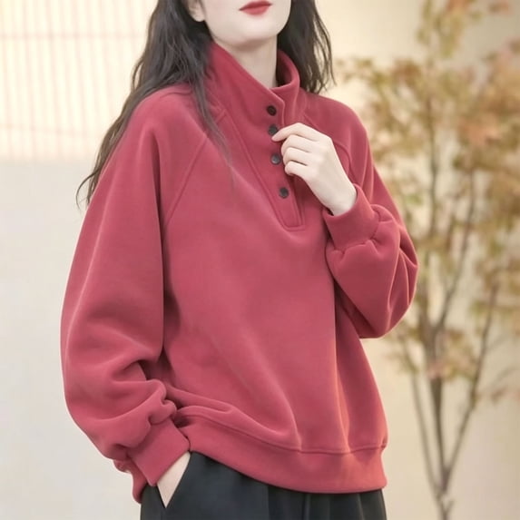 Stralyhd Womens Sweatshirt Oversized Button Up Henley Long Sleeve Soft Comfort Pullover Tops Fall Winter Clothes Watermelon Red 2XL