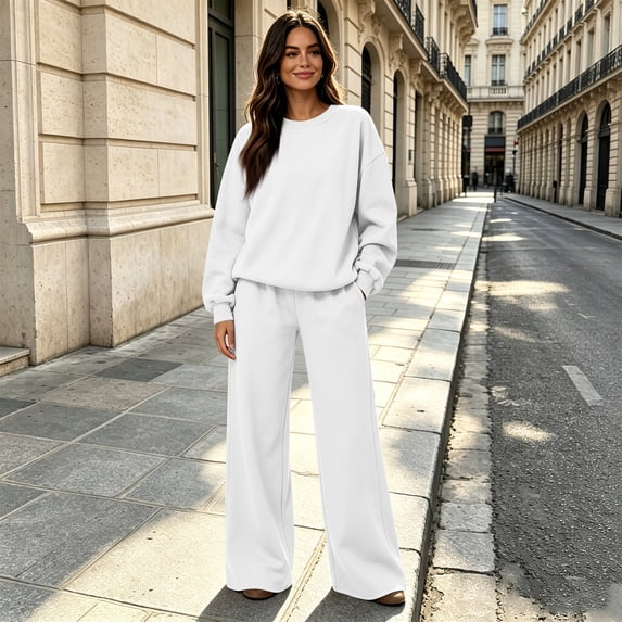 Stralyhd Womens Sweatsuits 2 Piece Outfit Oversized Long Sleeve Crewneck Sweatshirts Pullover Fall Winter Loose Wide Leg Sweatpants Casual Fashion Tracksuit White S