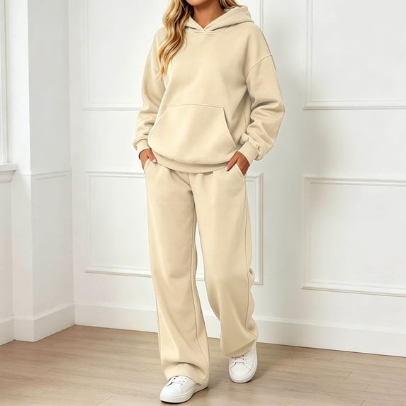 Stralyhd Womens Sweatsuits 2 Piece Set 2026 Casual Winter Long Sleeve Hoodie Loose Wide Leg Sweatpants Fall Tracksuit Fresh Sky Blue Lightweight Sweat Set Beige S