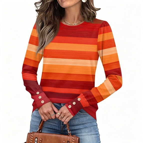 Stralyhd Womens Tops Striped Classic Long Sleeve Shirts for Fall Spring Casual Round Neck Blouses Trendy Tunic Tops with Buttons Decor Hot Pink XXL